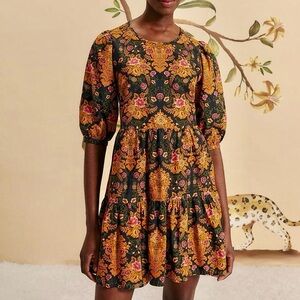 NEW FARM Rio Arabesque Floral Black Puff Sleeve Mini Dress Baby Doll Size L